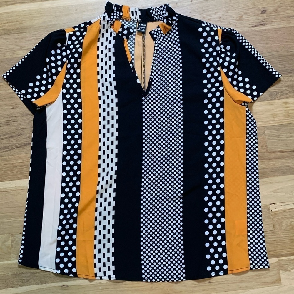 SHEIN Short Sleeve Ruffle Neck Color-blocked Striped Blouse Women’s M